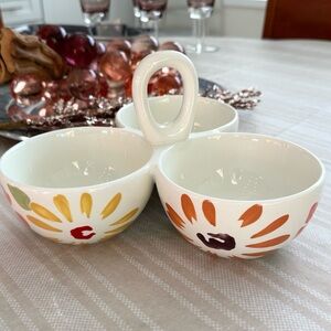 Pier 1 “Flowers” PER178 Colorful 3 Bowl unit with Handle. Earthenware NWT